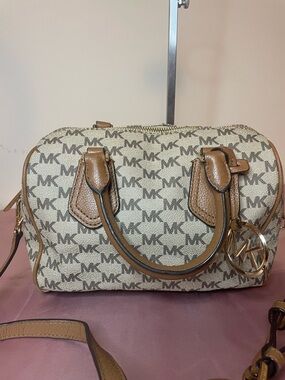 Authentic Michael Kors Purse  #070NC Aria monogram small satchel brown and beige
